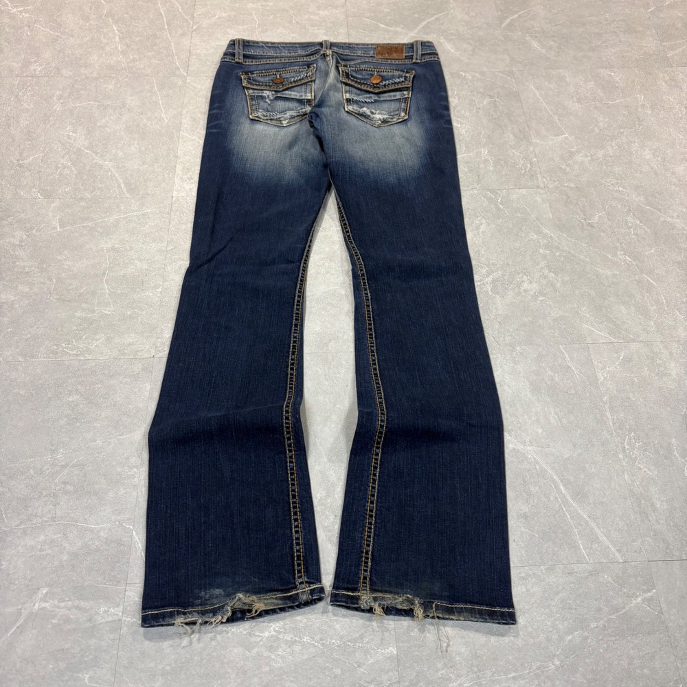 BKE Sabrina Bootcut Jeans 28x33.5 Dark Wash Distressed Flap Pocket Stretch Denim